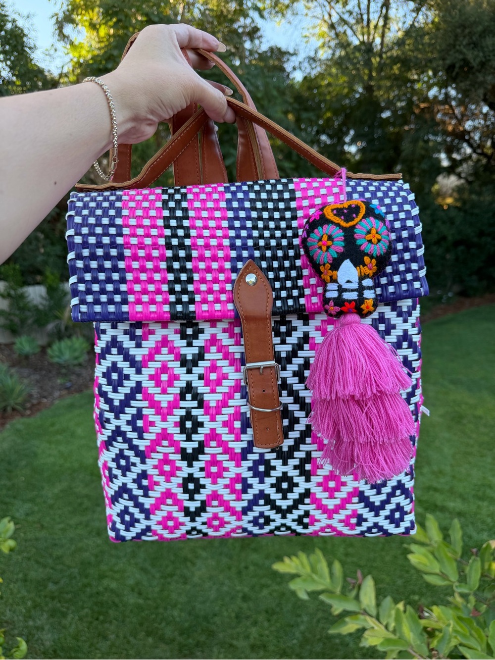 Woven Geometric Backpack Tote with Tassel Charm
